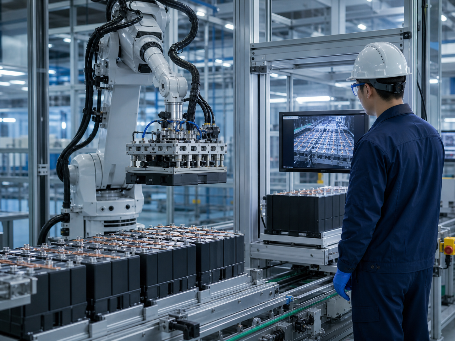 Robotic battery stacking and busbar welding line