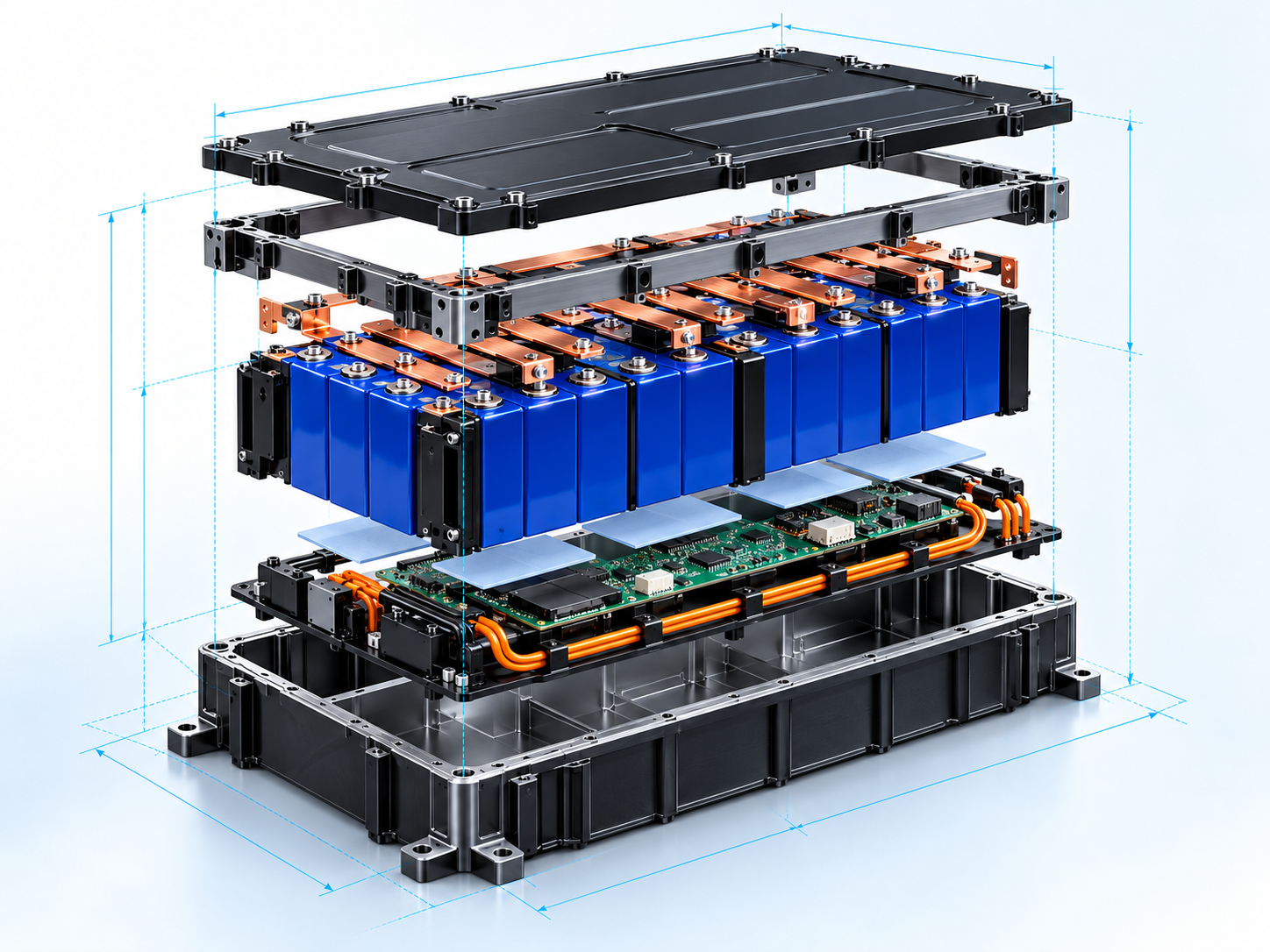 Exploded structural CAD battery pack