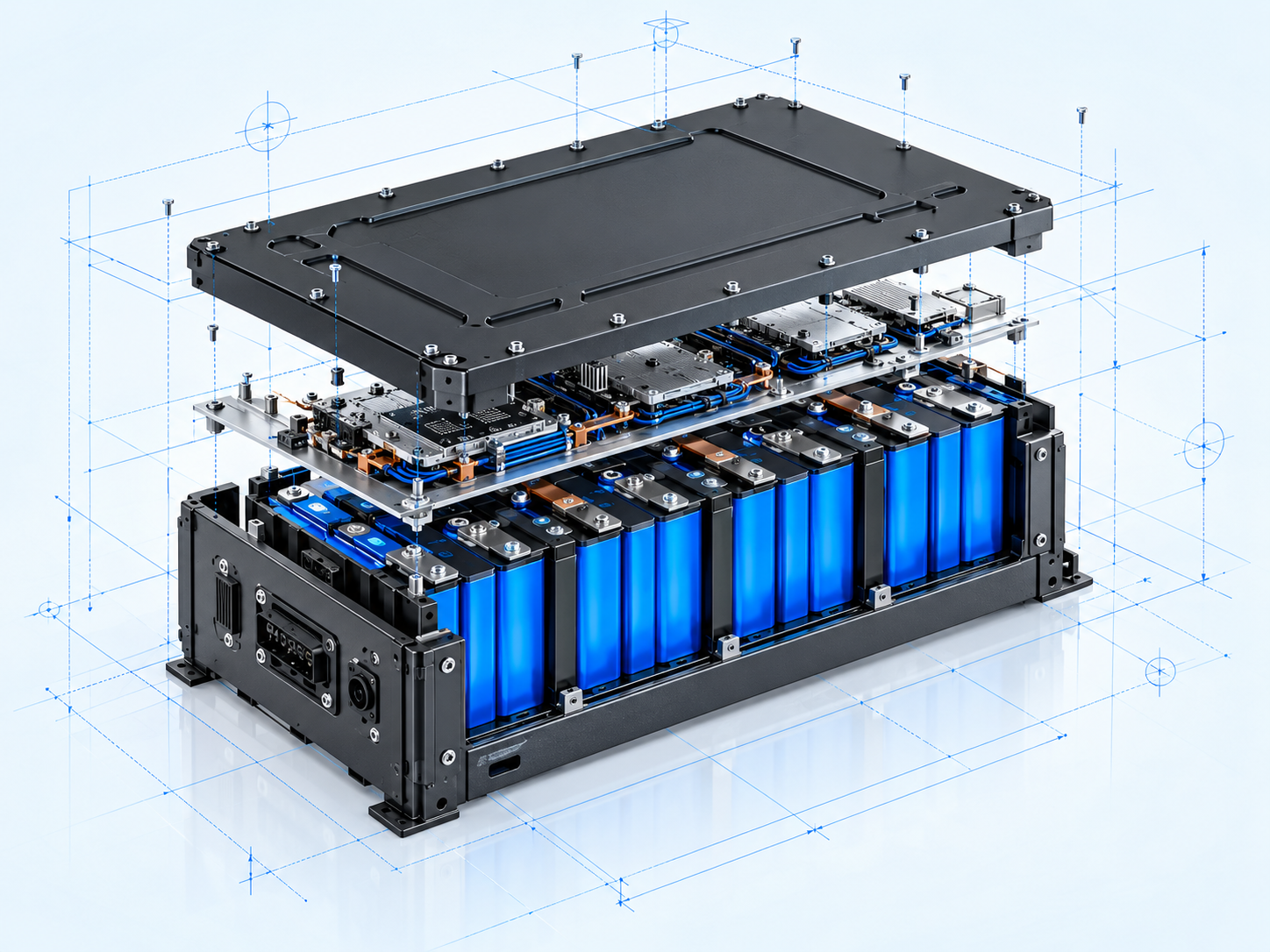 Exploded custom battery pack engineering view